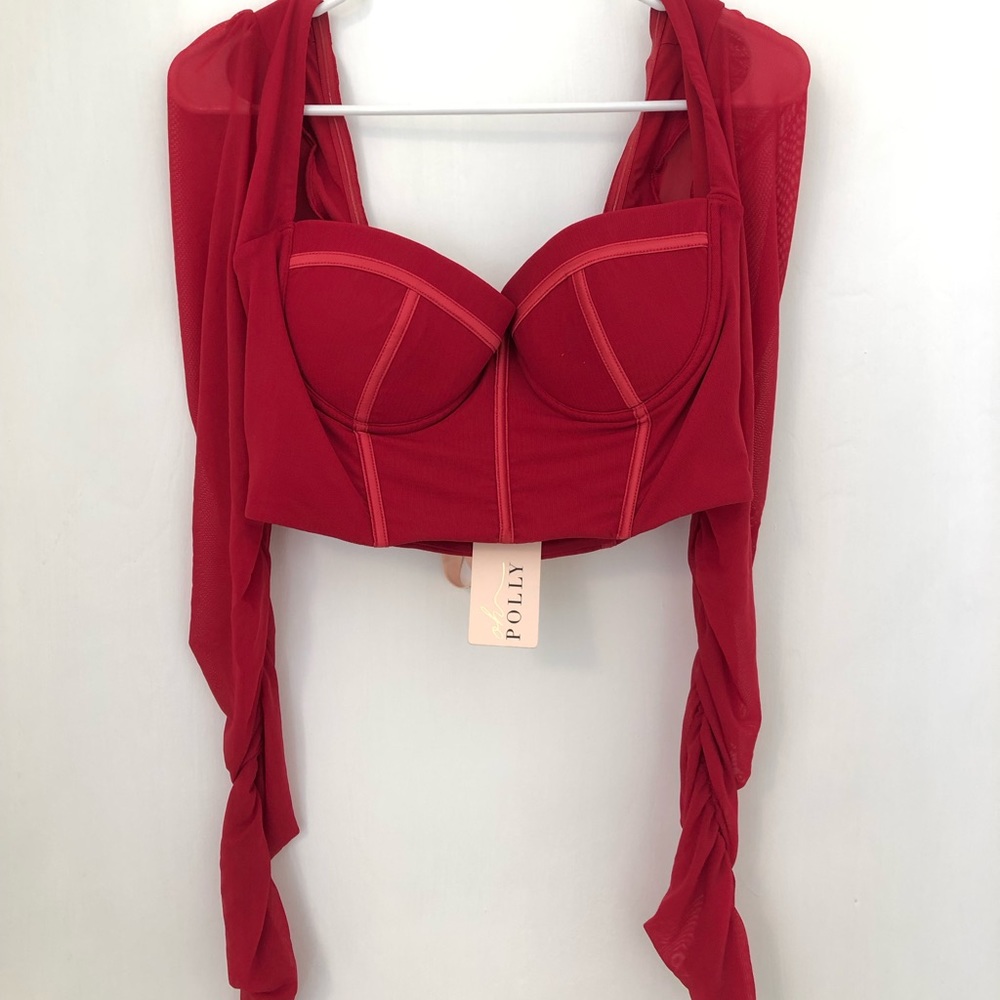 NWT Oh Polly The Night Is Ours Long Sleeve Mesh Crop Top in Red